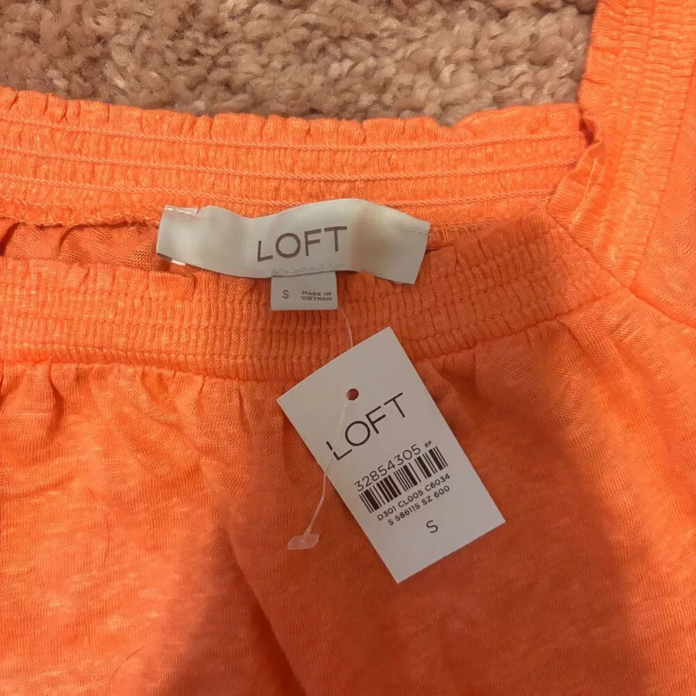 Loft 100% Linen Ruffle Off Shoulder Coral Orange Sz Small NWT Elevated Basics - Picture 4 of 7